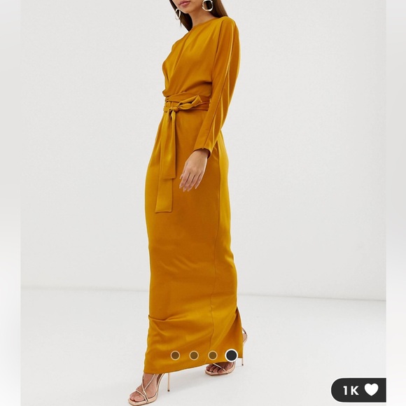 ASOS DESIGN satin maxi dress with batwing sleeve and wrap waist in mustard - Picture 1 of 7